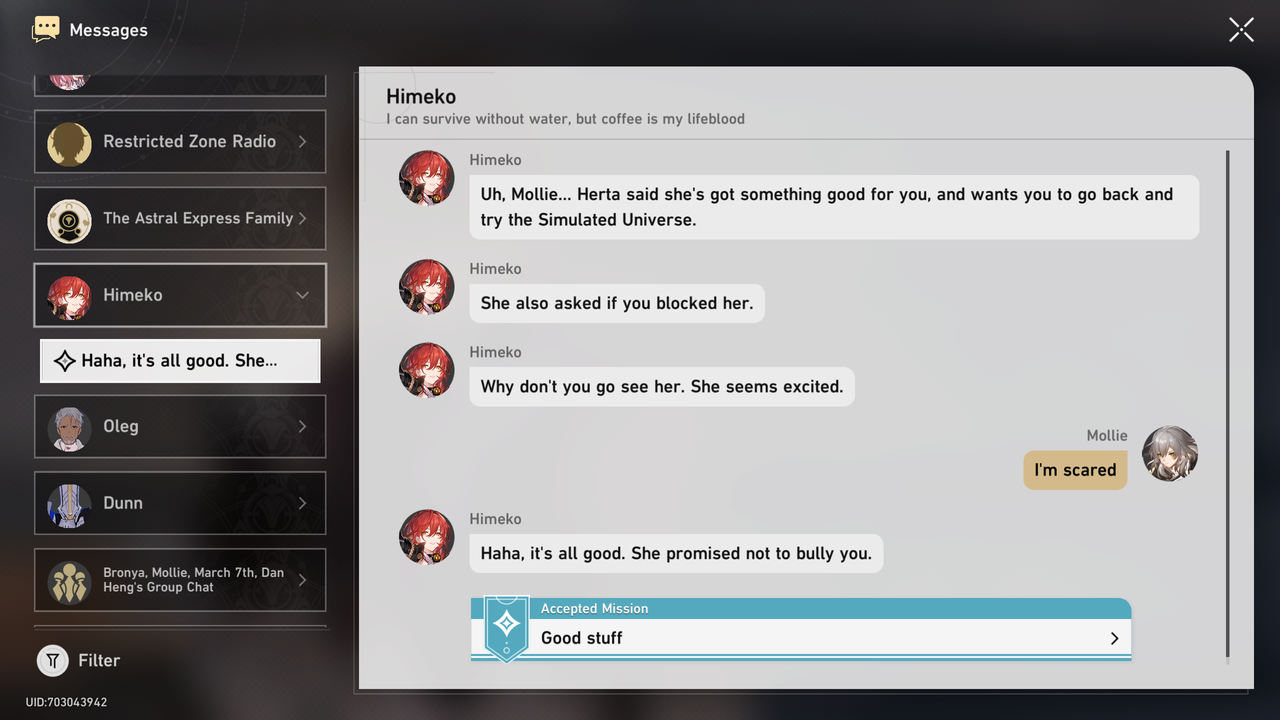 Honkai: Star Rail text messages.