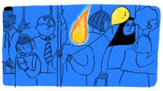An illustration shows a crowded subway train with a person whose head is a candle.