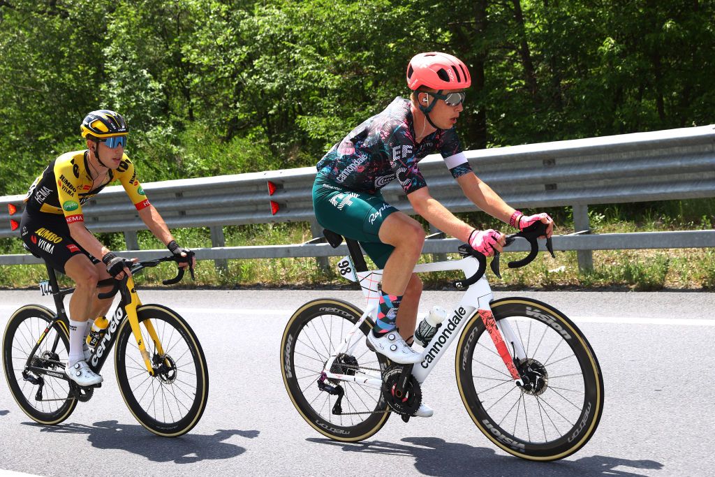 CUNEO ITALY MAY 20 LR Pascal Eenkhoorn of Netherlands and Team Jumbo Visma and Julius Van Den Berg of Netherlands and Team EF Education Easypost compete during the 105th Giro dItalia 2022 Stage 13 a 150km stage from Sanremo to Cuneo 547m Giro WorldTour on May 20 2022 in Cuneo Italy Photo by Michael SteeleGetty Images