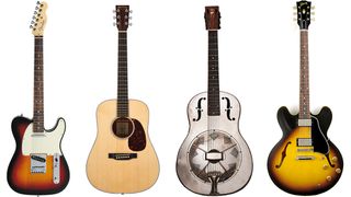 Image of electric guitar, acoustic guitar, resonator guitar and semi-hollow guitar