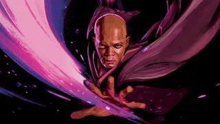 illustration of a bald man in a flowing purple robe staring menacingly 
