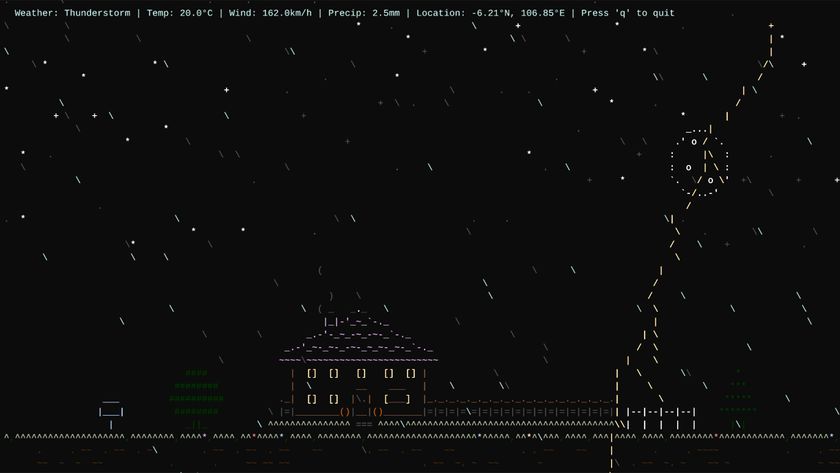An ASCII animated real-time weather show forms the terminal backdrop