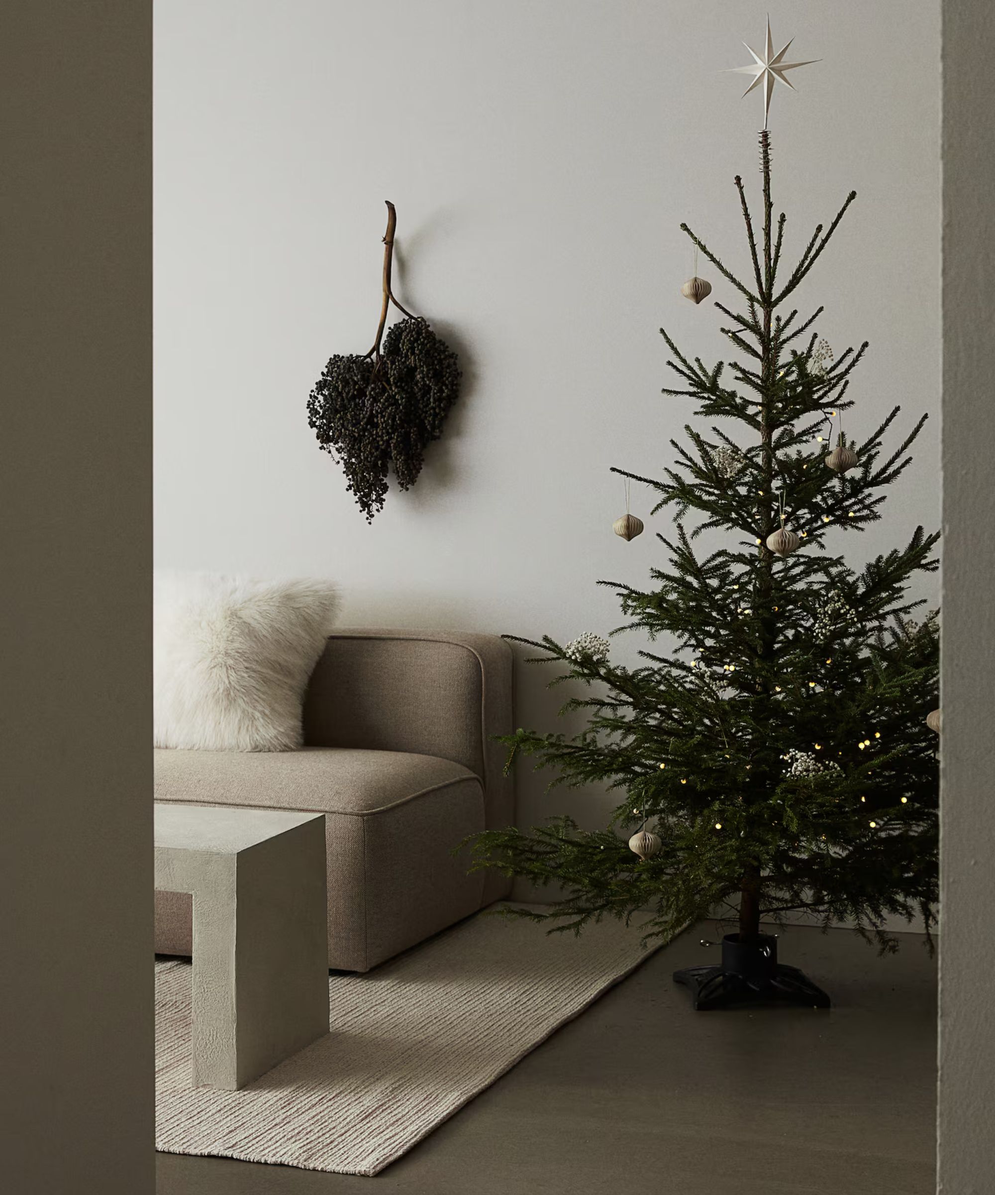 Minimal living room with beige sofa, fluffy cushion, dried wall hanging, and Christmas tree with neutral decor