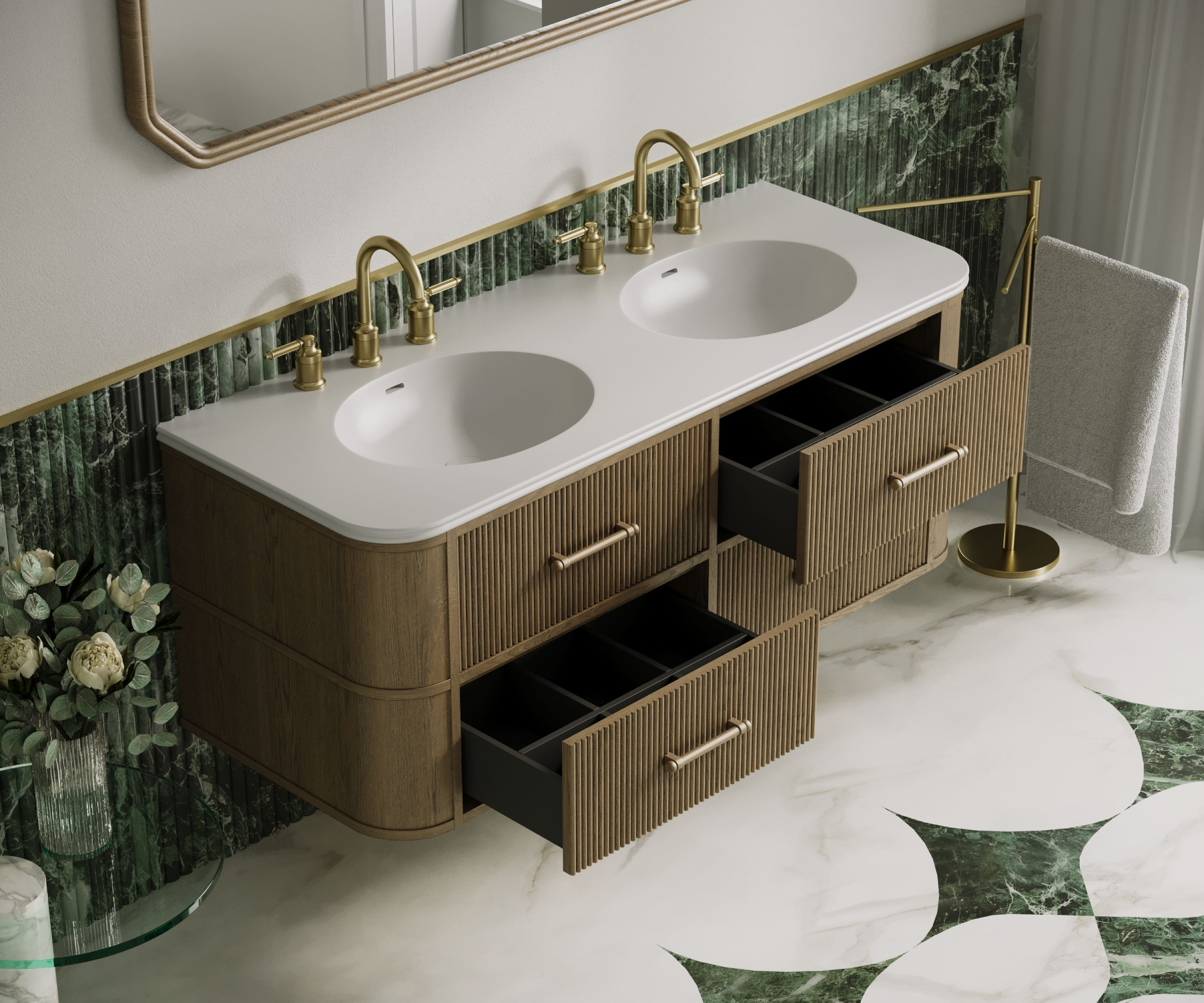 wall mounted double vanity unit with white basins, drawers, mirror on wall above and green fluted tiles on wall