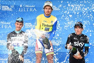 Peter Sagan (Tinkoff-Saxo) sprays champagne on the podium after winning the Tour of California