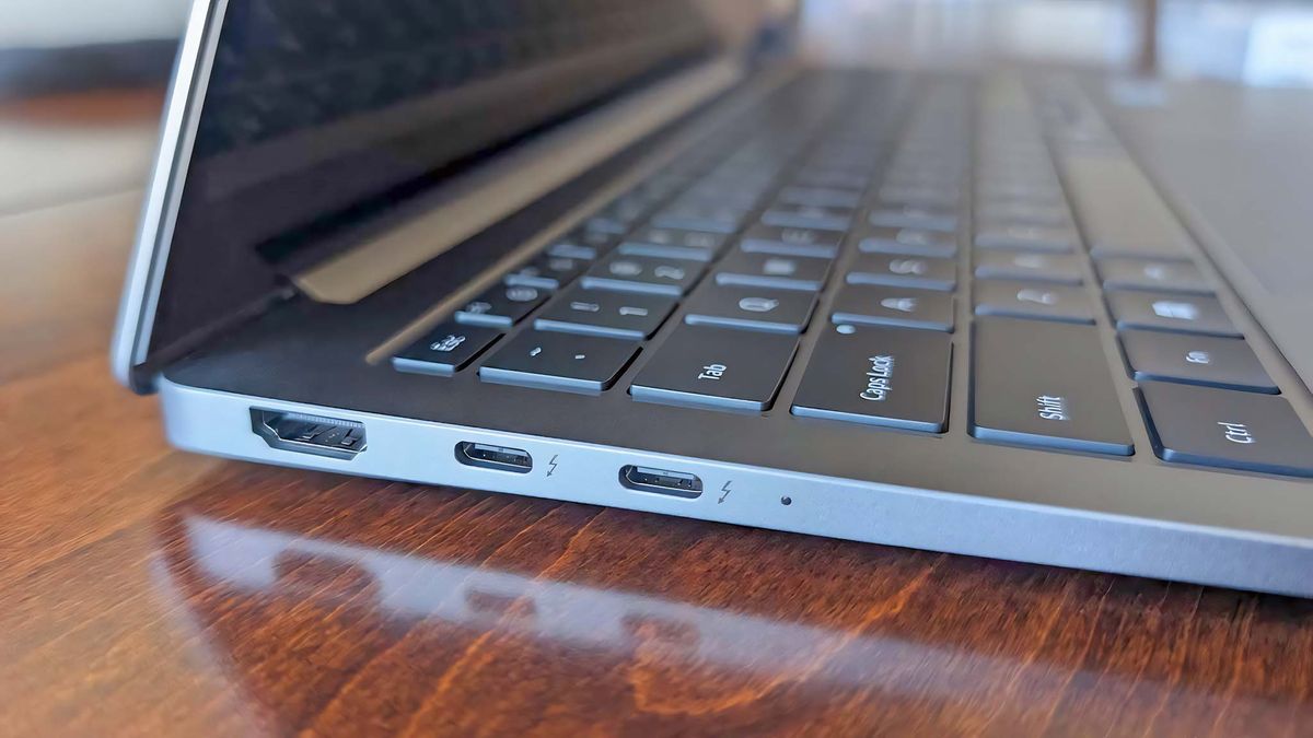A closeup shot of the HDMI port and two USB-C ports on the Samsung Galaxy Book5 Pro's right side.