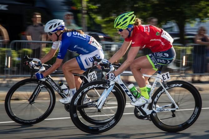 Joanne Kiesanowski (TIBCO) wears the most aggressive jersey during todays crit.