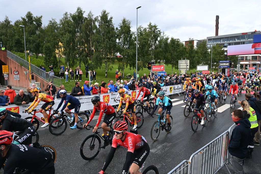 TROMSO NORWAY AUGUST 05 A general view of the peloton in Troms City prior to the 8th Arctic Race Of Norway 2021 Stage 1 a 1425km stage from Troms to Troms ArcticRace on August 05 2021 in Tromso Norway Photo by Stuart FranklinGetty Images