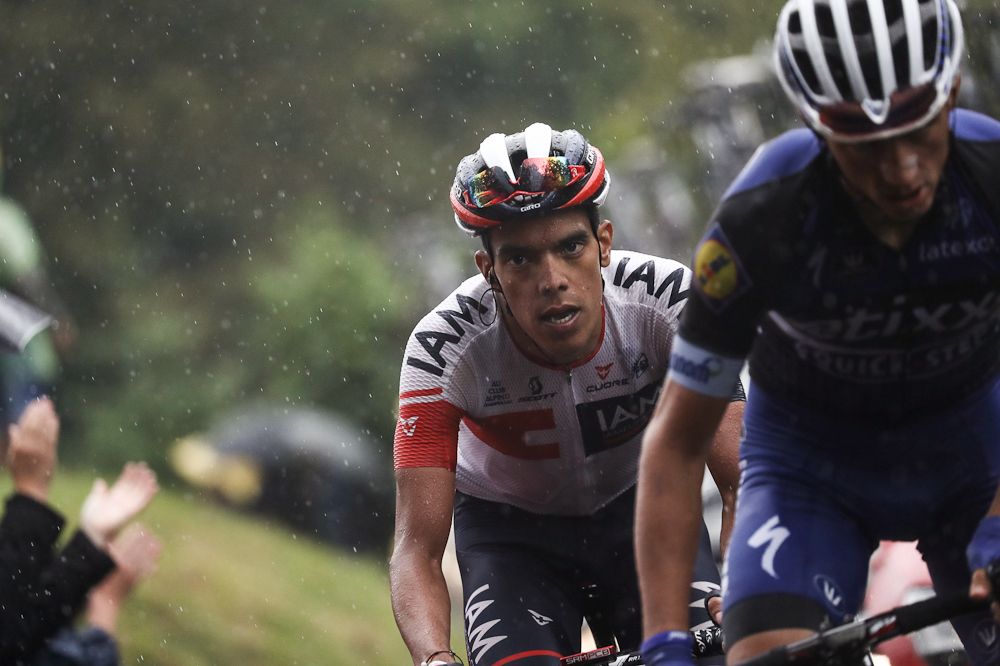 Julian Alaphillipe and Jarlinson Pantano ride off the front during stage 20 at the Tour de France.