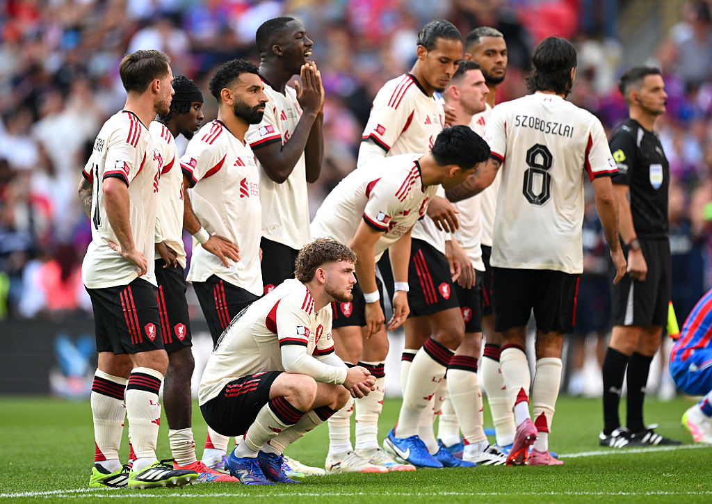 Harvey Elliott of Liverpool looks dejected during the 2025 FA Community Shield match between Crystal Palace and Liverpool at Wembley Stadium on August 10, 2025 in London, England