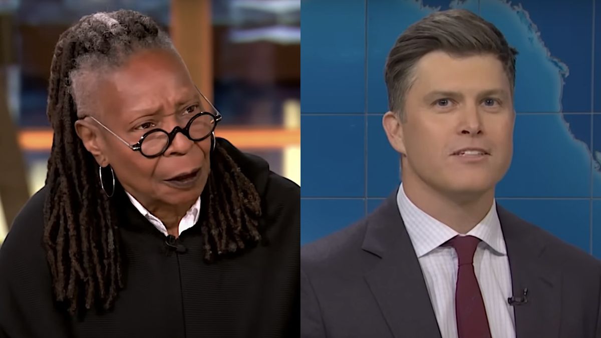 Whoopi Goldberg wearing glasses on The View/ Colin Jost delivering Weekend Update jokes in a suit at SNL 50 (side by side image).