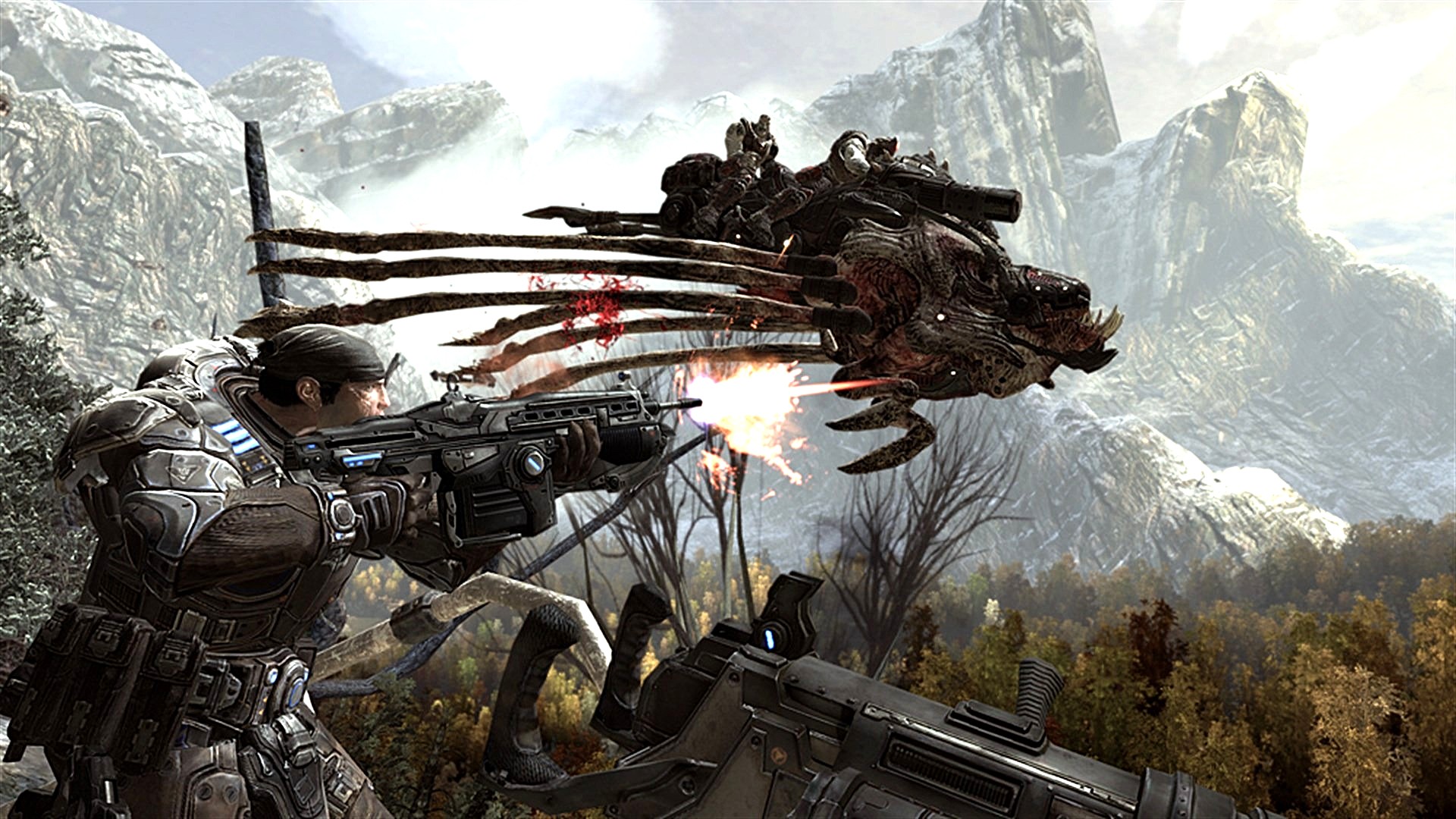 A soldier in heavy armor fires a rifle at a large, winged, skeletal creature flying over a forest landscape with snow-capped mountains in background.