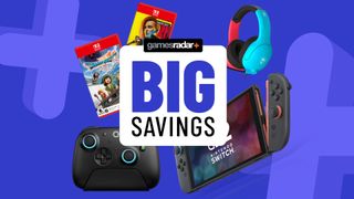 Nintendo Switch 2 console, games, and accessories on a blue background with big savings badge