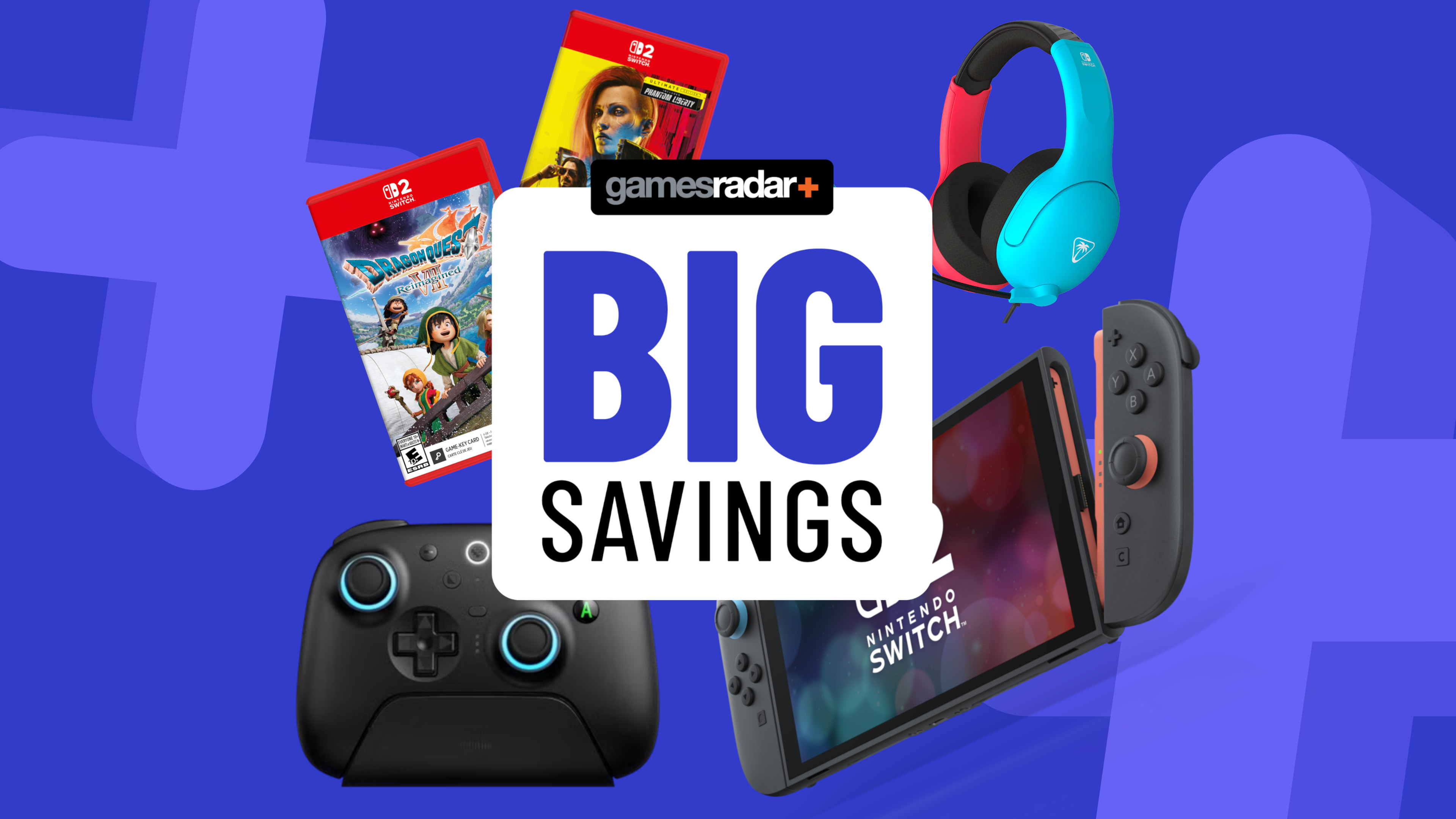 Nintendo Switch 2 console, games, and accessories on a blue background with big savings badge