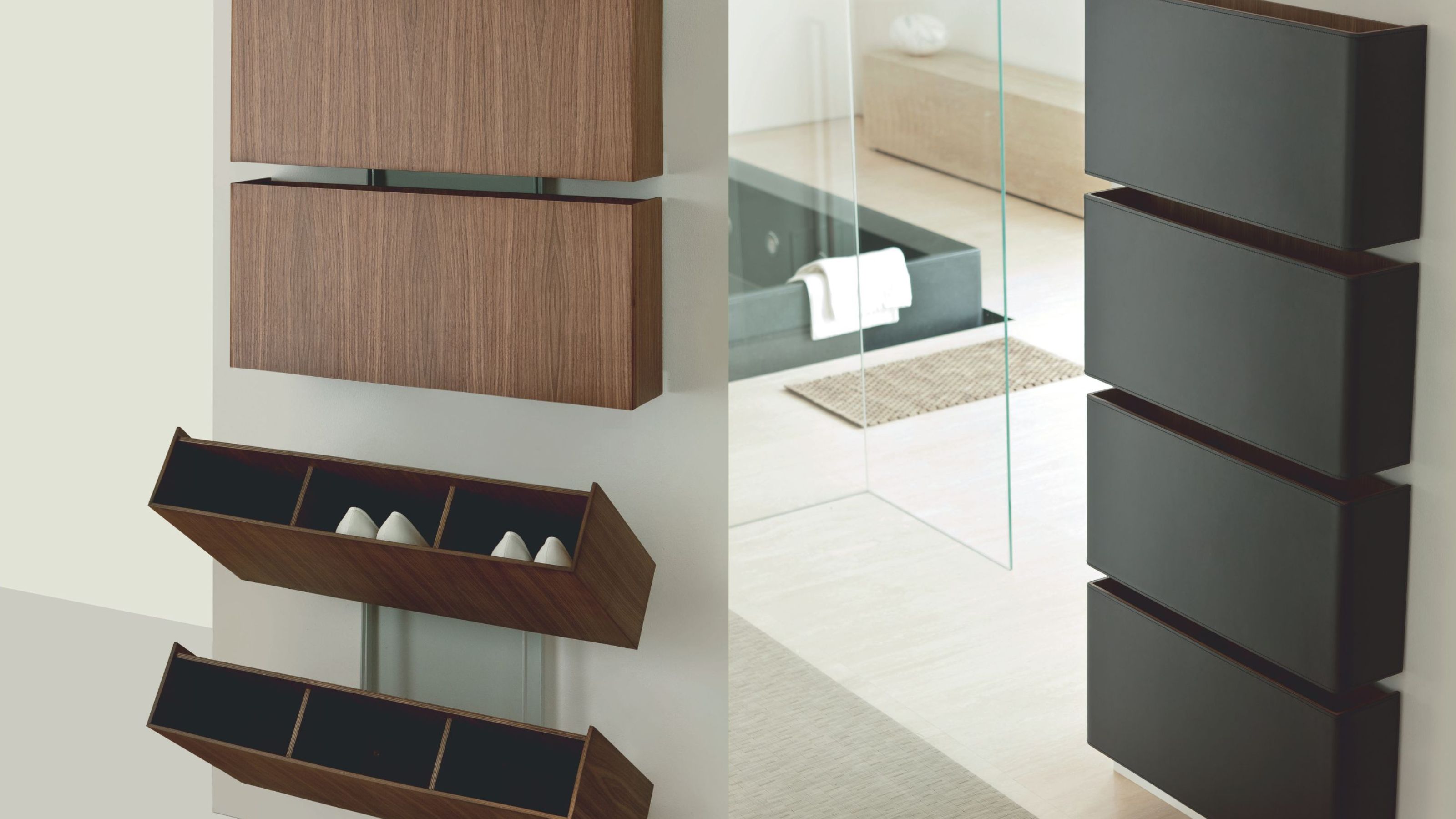 Two split shots of a floating shoe rack that tilts in two different colors 