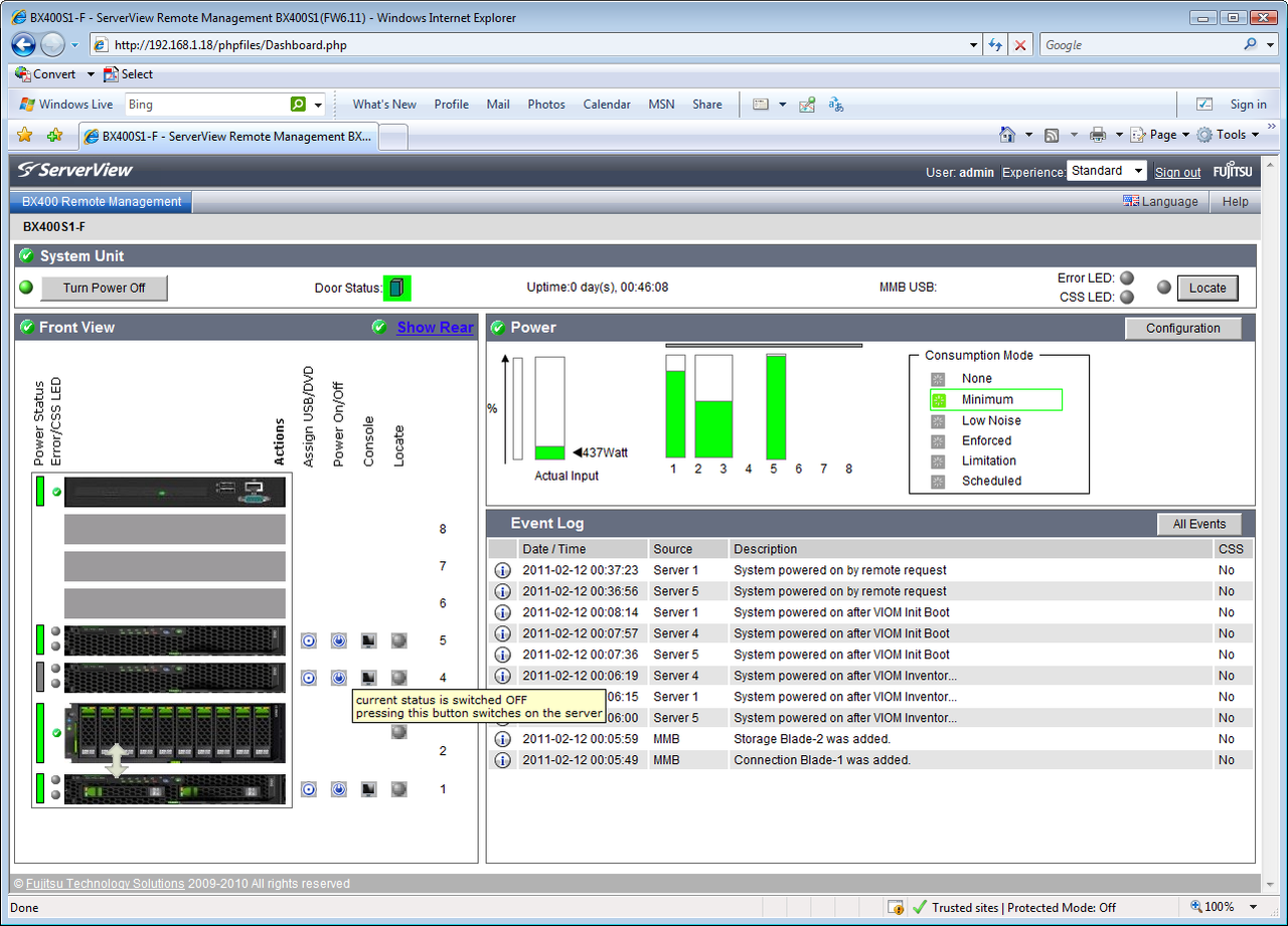 The standard view on the management Dashboard provides a complete overview of all installed blades and their power consumptio