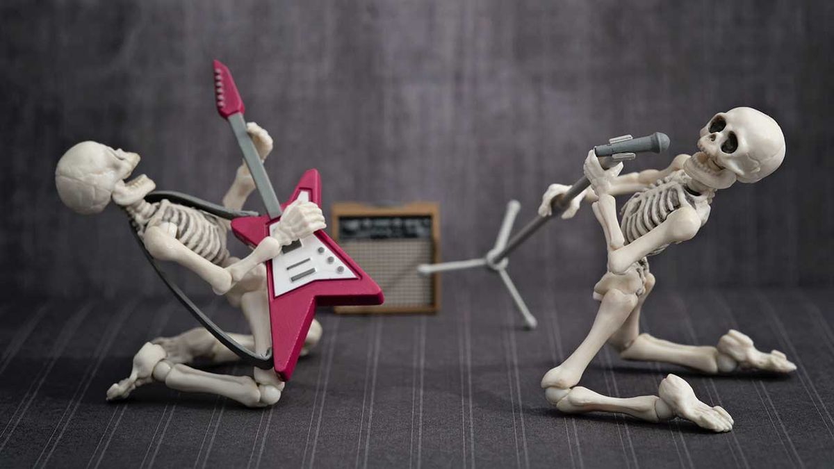 Skeletons playing guitar