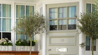 Sage green painted front door and white painted window frames show interior design features that will help to sell your house