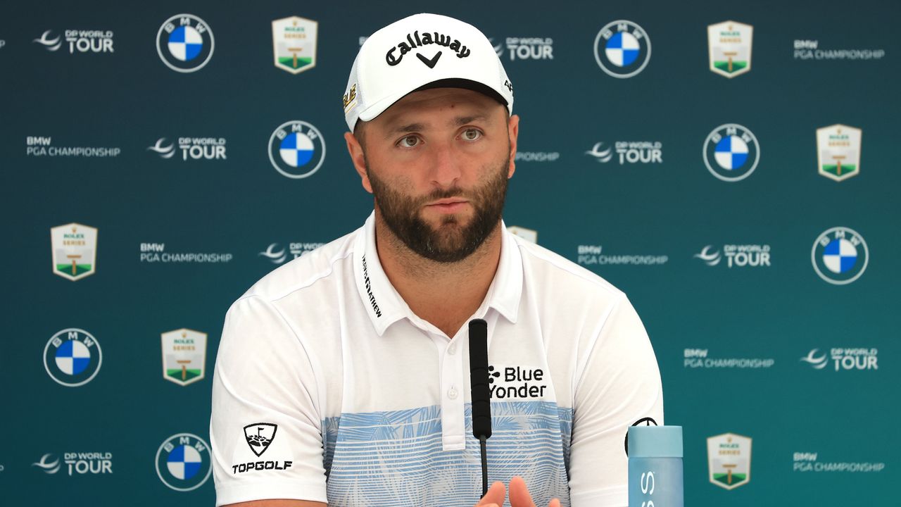 Jon Rahm of Spain talks to the media before the 2022 BMW PGA Championship at Wentworth