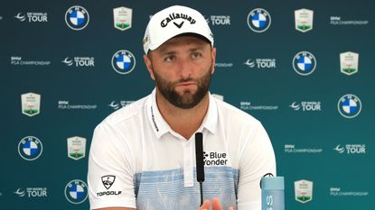 Jon Rahm of Spain talks to the media before the 2022 BMW PGA Championship at Wentworth