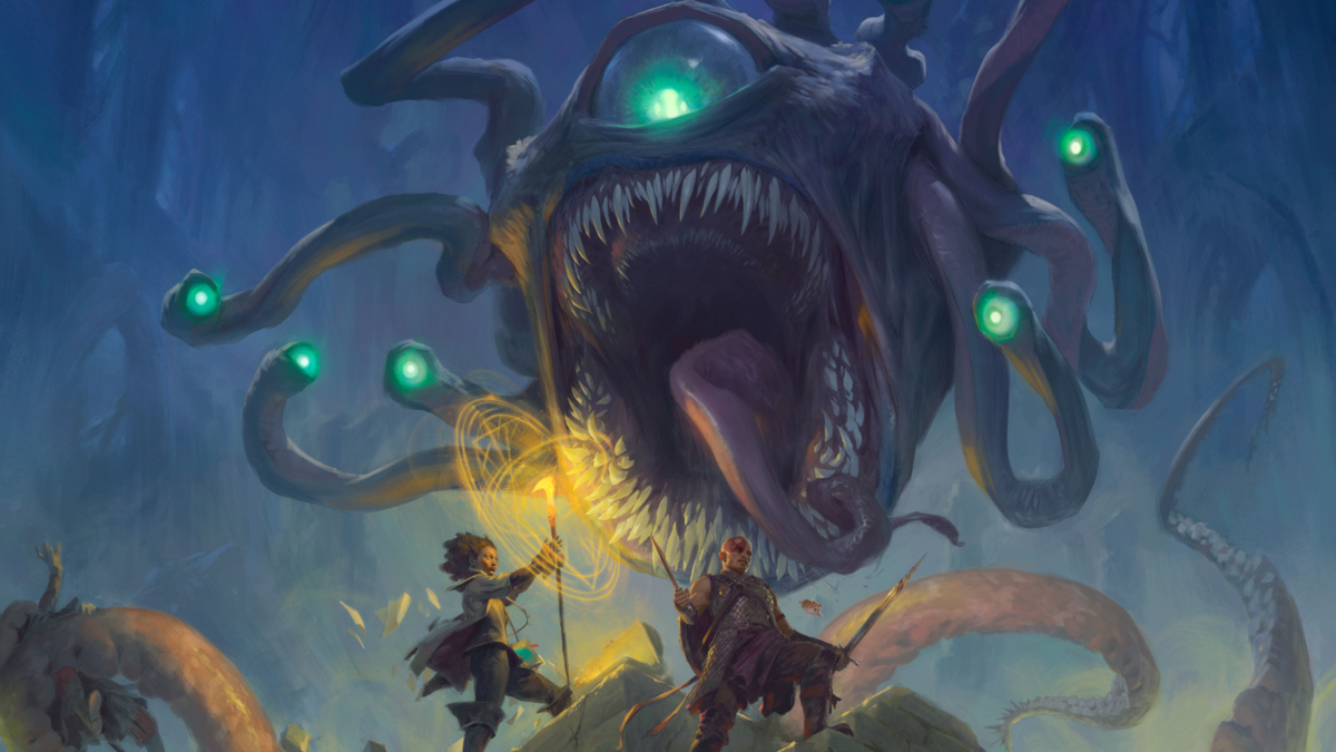 A beholder opens it spiked maw to devour some unwitting adventurers in D&amp;D&#039;s 2024 Monster Manual.