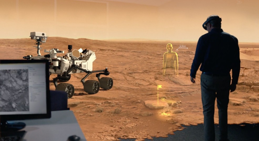 Ilustración de una persona usando un casco de realidad virtual, mientras que al fondo se puede ver un avatar virtual de una persona en Marte
