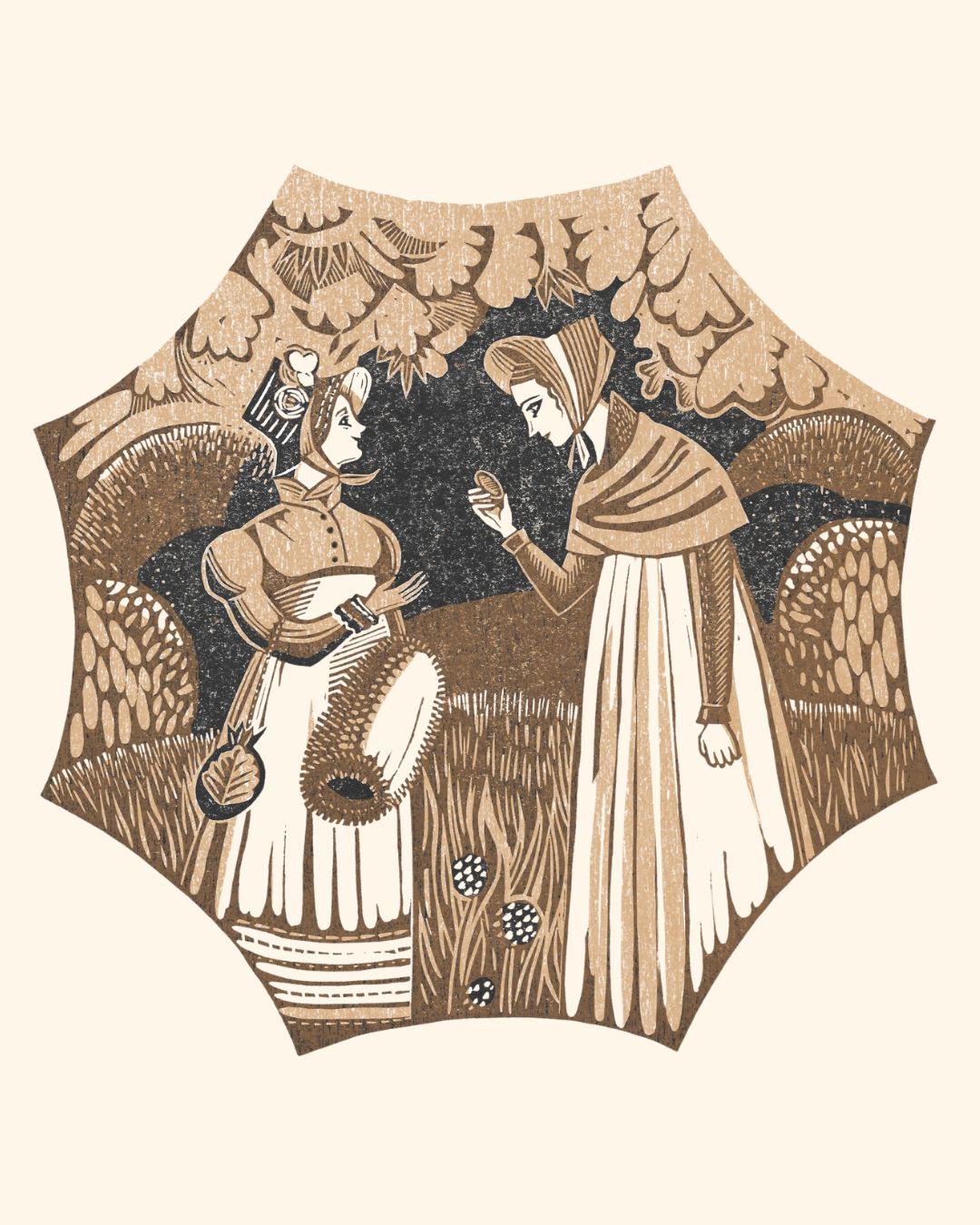 Illustrations from Jane Austen novels of two women talking