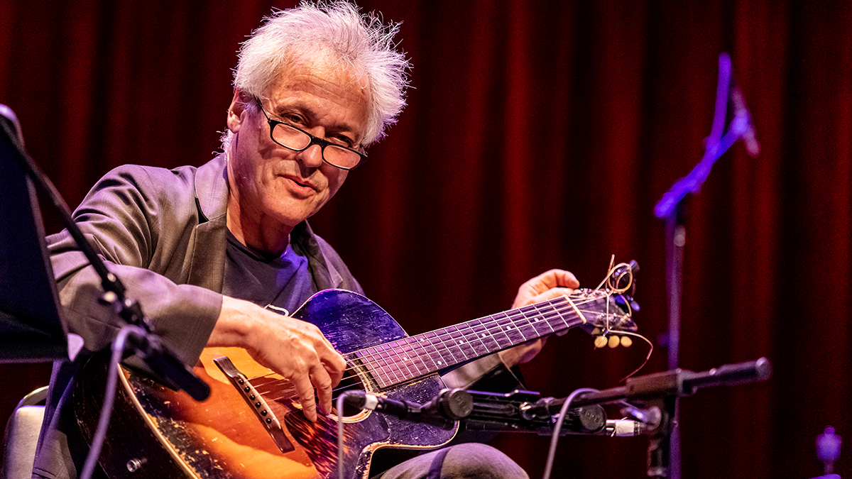 Marc Ribot plays acoustic guitar as he performs a solo set during the 11-hour &#039;Wall to Wall John Coltrane&#039; marathon concert at Symphony Space, New York, New York, June 9, 2019