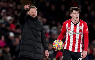 Southampton manager Ralph Hasenhuttl gives instructions to Tino Livramento from the touchline during the Premier League match between Southampton and Leicester City at St Mary’s Stadium, Southampton. Picture date: Wednesday December 1, 2021