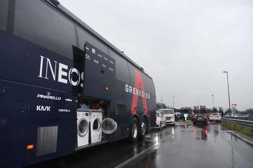 ASTI ITALY OCTOBER 23 Race neutralised due to heavy rain and team riders protest Bus of Team INEOS Grenadiers Landscape during the 103rd Giro dItalia 2020 Stage 19 a 258km stage from Morbegno to Asti girodiitalia Giro on October 23 2020 in Asti Italy Photo by Tim de WaeleGetty Images