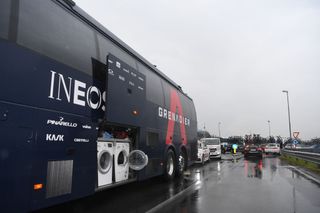 ASTI ITALY OCTOBER 23 Race neutralised due to heavy rain and team riders protest Bus of Team INEOS Grenadiers Landscape during the 103rd Giro dItalia 2020 Stage 19 a 258km stage from Morbegno to Asti girodiitalia Giro on October 23 2020 in Asti Italy Photo by Tim de WaeleGetty Images
