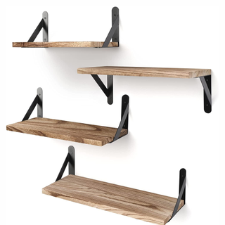 Wooden shelves with black metal brackets.