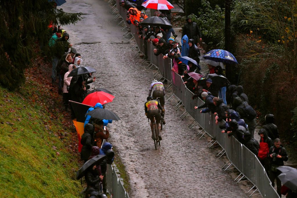 NAMUR BELGIUM DECEMBER 22 Mathieu Van Der Poel of The Netherlands and Team Corendon Circus Toon Aerts of Belgium and Team Telenet Baloise Lions Mud Public Fans Landscape during the 11th Namur World Cup 2019 UCICX TelenetUCICXWC on December 22 2019 in Namur Belgium Photo by Luc ClaessenGetty Images