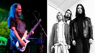 Left-Joe Preston of Thrones performs on stage at Roseland during Musicfest NW on September 8, 2011 in Portland, United States; Right-Nirvana, group portrait, backstage at Nakano Sunplaza, Tokyo, Japan, 19th December 1992