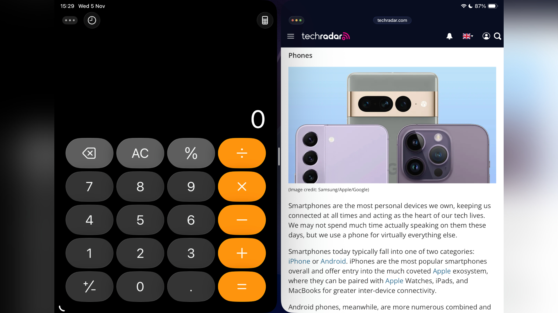 The calculator app and Safari open side by side in iPadOS 26.1