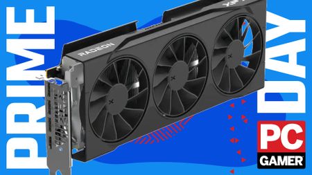 XFX graphics card on a blue Prime Day background.