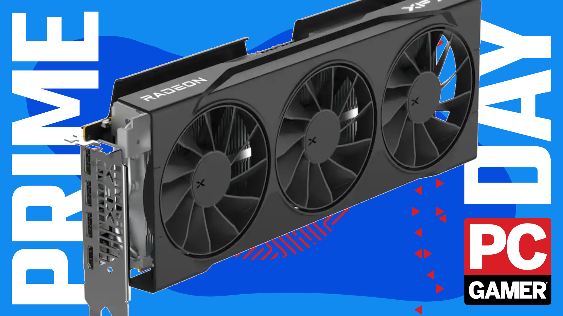 XFX graphics card on a blue Prime Day background.