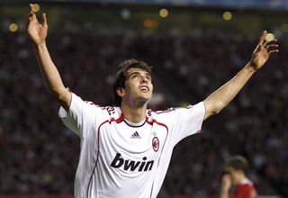 Milan's Brazilian midfielder Ricardo Kaka celebrates scoring against Manchester United during their European Champions League semi final first leg football match at Old Trafford, Manchester, north west England, 24 April 2007.