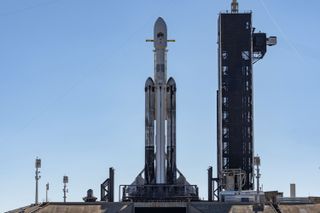 A SpaceX Falcon Heavy rocket stands atop Pad 39A of NASA's Kennedy Space Center ahead of the launch of a classified USSF-67 mission for the U.S. Space Force. Liftoff is scheduled for Jan. 15, 2023.