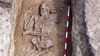 cropped image of a human skeleton being excavated on an archaeological site