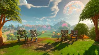 Four giant mech suits are standing overlooking a green valley full of trees on an alien planet. Up in the sky you can see a giant planet.