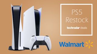 PS5 restock at Walmart header with PS5 console on a beige background