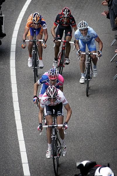 The last five men to contest for victory on the Cauberg. Schleck and his tongue tried hard to shake Cunego.