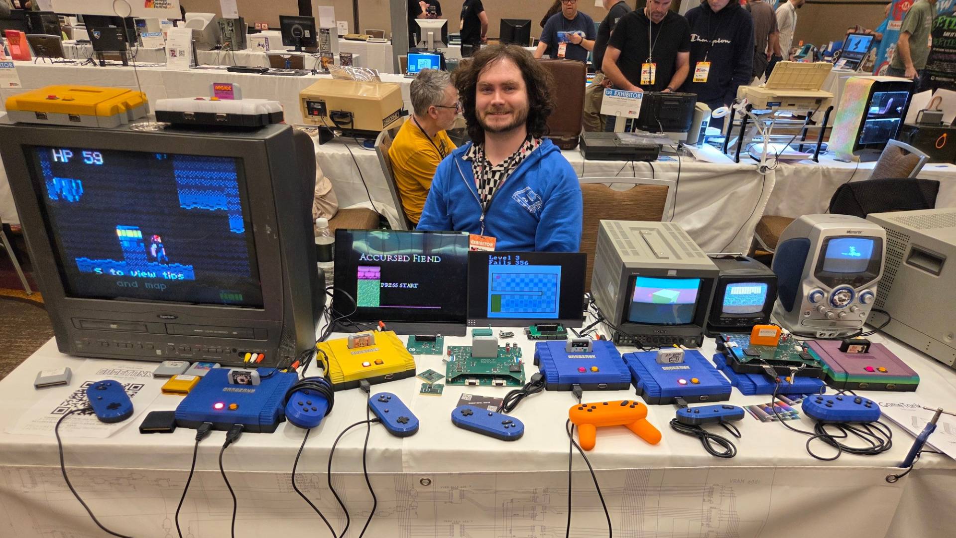 Clyde Shaffer demoing the GameTank at VCF SoCal using various sizes of CRT TV.