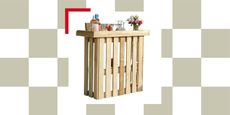 Image of a wooden garden bar on a sage green and white checkerboard background.