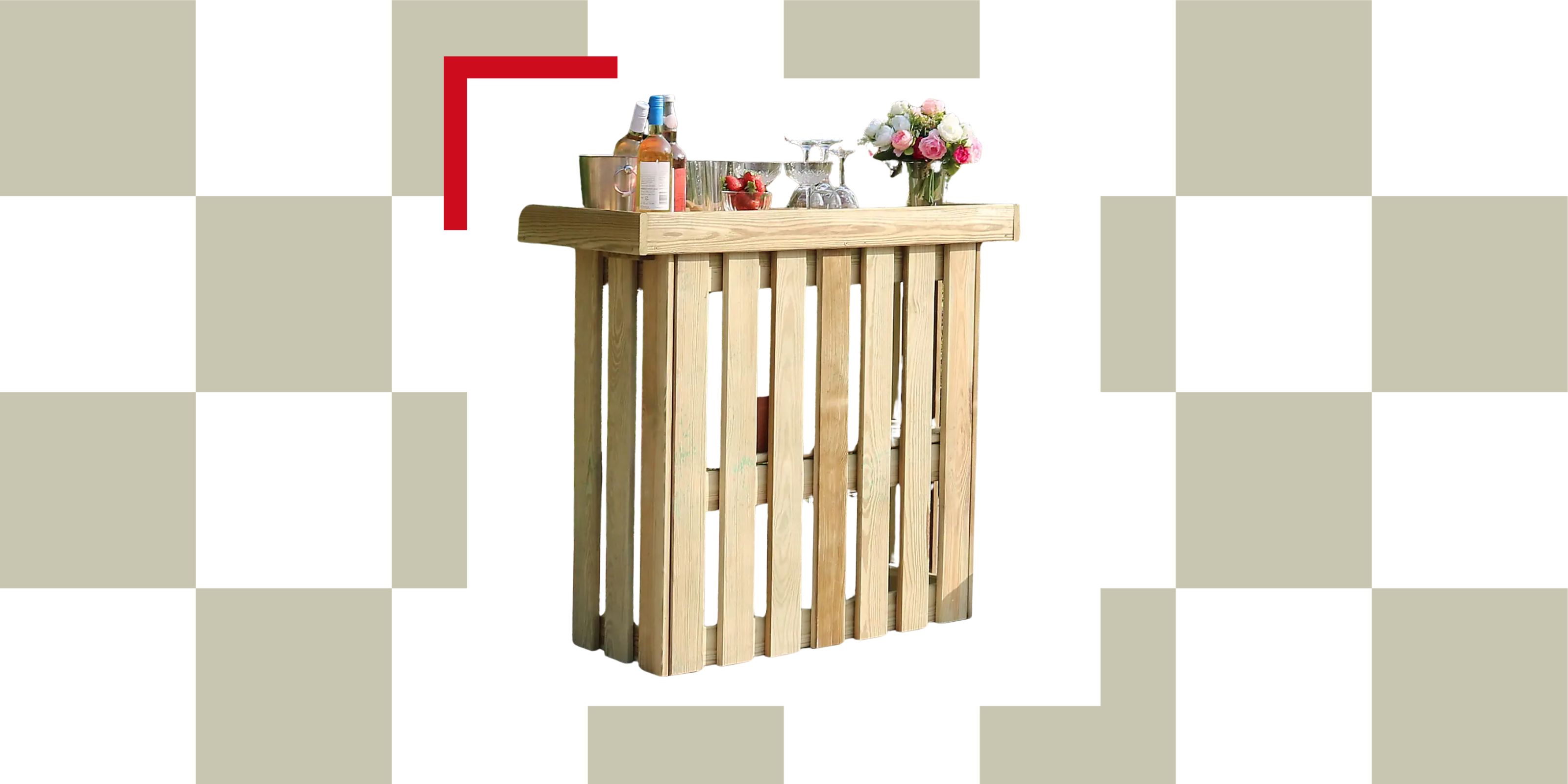 Image of a wooden garden bar on a sage green and white checkerboard background.