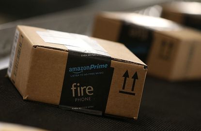 Amazon boxes on a conveyer belt