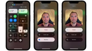 Three iPhones side-by-side, showing settings in the FaceTime app. FaceTime Reactions have been disabled.