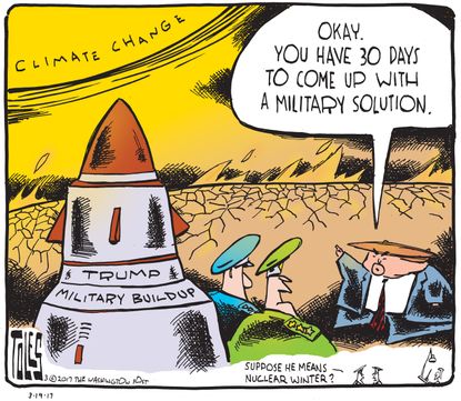 Political Cartoon U.S. President Trump Military spending buildup solve Climate Change