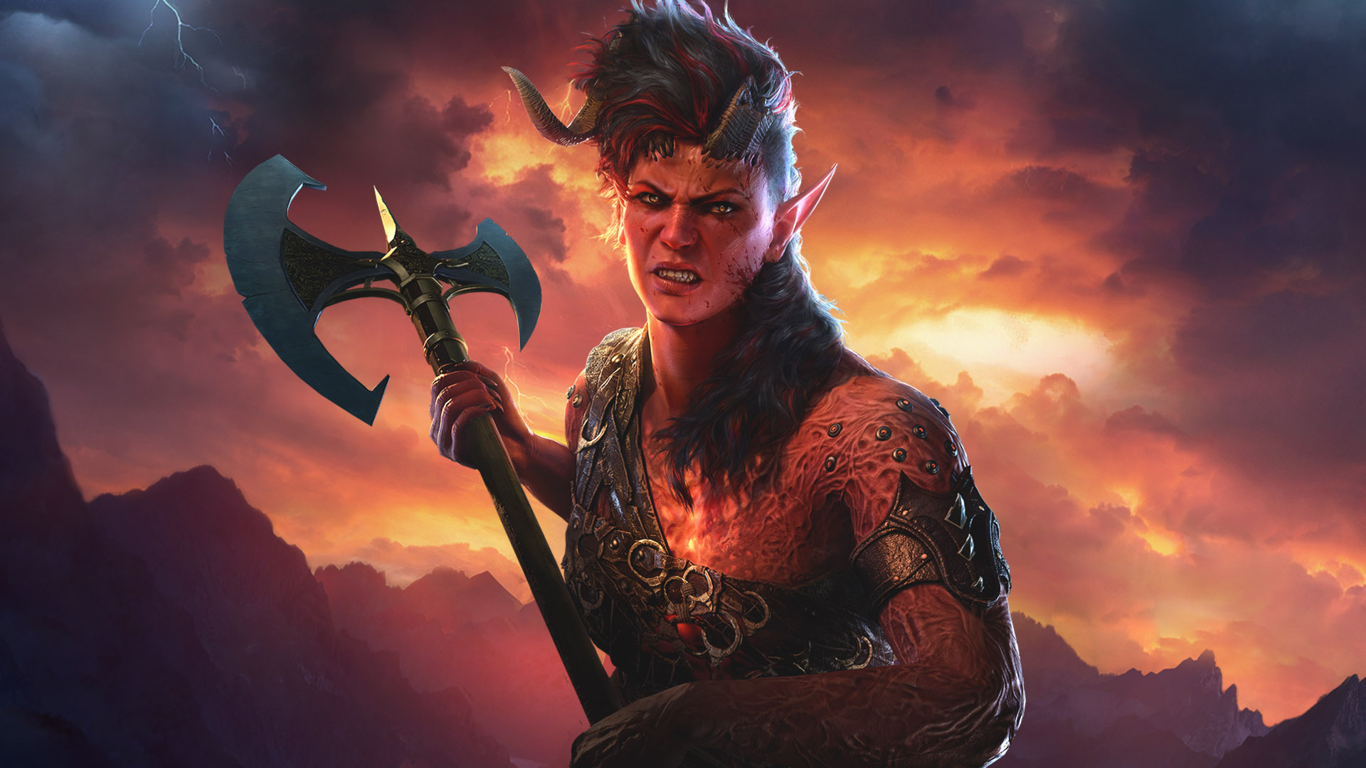 Karlach brandishes an axe against a red sky backdrop.